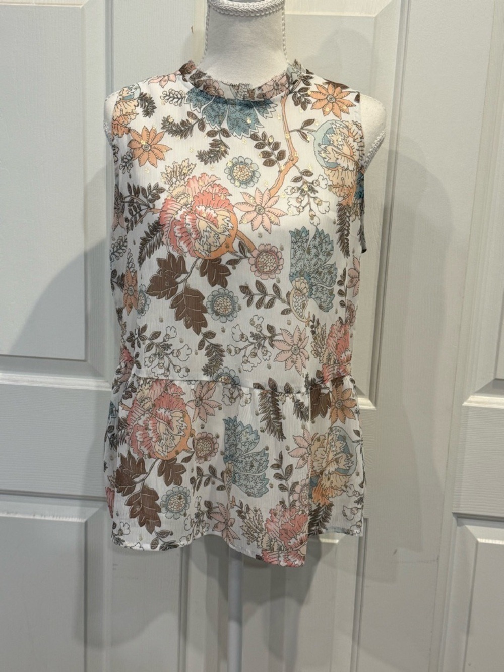 LOFT Floral Sleeveless Blouse Size S Sheer Peplum Boho Romantic Top - Picture 3 of 8
